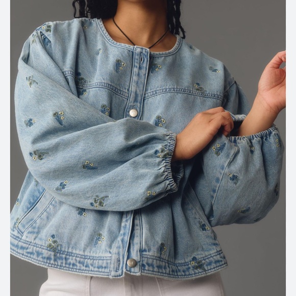 NWT Anthropologie Floral Denim Embroidered Jacket XL - Picture 4 of 6